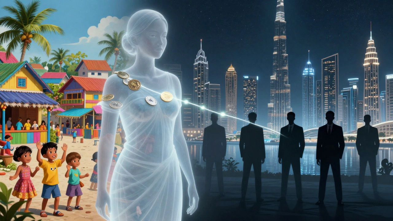 A translucent figure stands between a Philippine village and Dubai&#039;s skyline, connected by glowing coins symbolizing sacrifice.