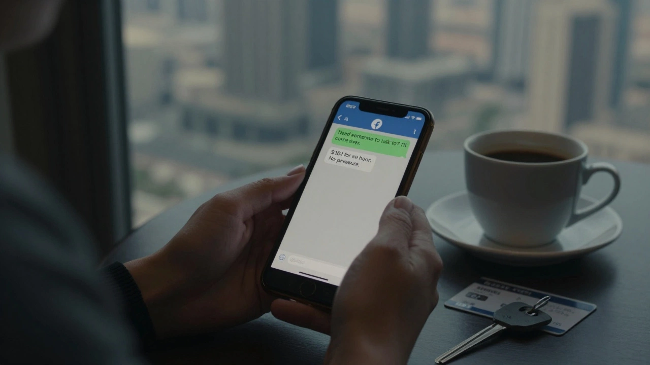 A woman&#039;s hands hold a phone showing a private message offering companionship, with a hotel keycard and coffee nearby.