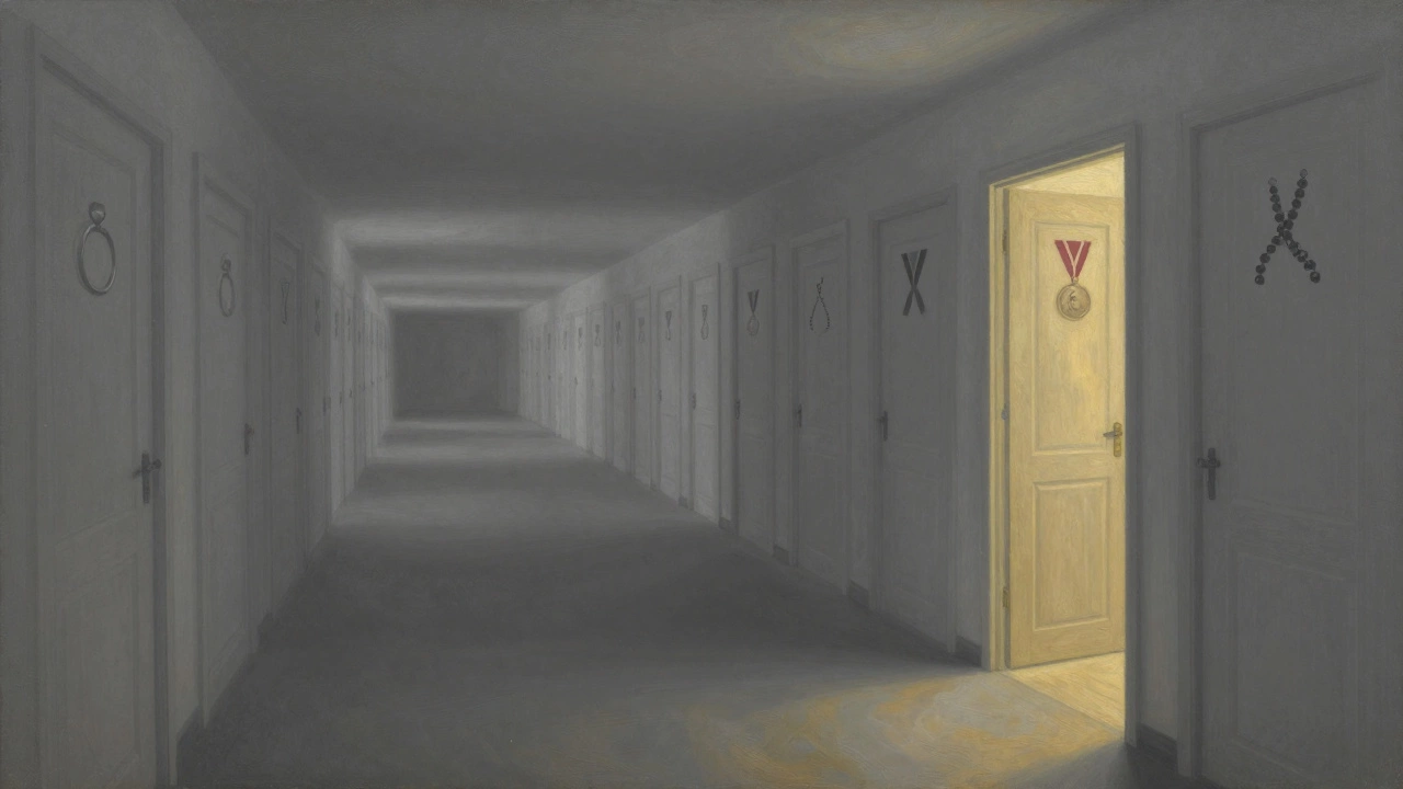 An endless hallway of closed doors marked with cultural symbols, one slightly open revealing warm light.