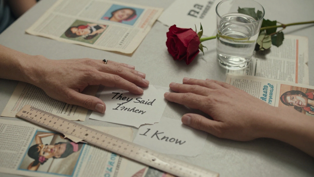 Two hands reaching across a table with torn pamphlets and a wilting rose, no words visible.
